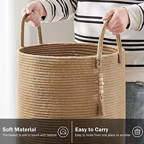 YOUDENOVA Jute Rope Laundry Hamper Basket, 58L Tall Woven Collapsible Baskets for Blanket Organizing Clothes Hamper for Laundry Room Storage