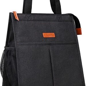 Lacdo Lunch Bag for Women Men Insulated Lunch Tote Bags Waterproof Reusable Lunch Box Soft Cooler with Pockets for Work Travel Picnic, Black