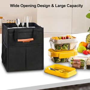 Lacdo Lunch Bag for Women Men Insulated Lunch Tote Bags Waterproof Reusable Lunch Box Soft Cooler with Pockets for Work Travel Picnic, Black