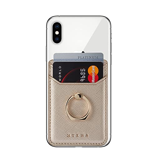 Lnobern Premium PU Leather Phone Card Holder Stick with RFID On Wallet with Ring Kickstand for iPhone and Android Smartphones (Gold)