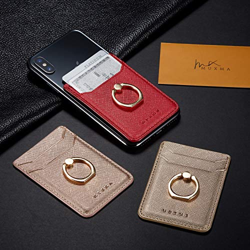 Lnobern Premium PU Leather Phone Card Holder Stick with RFID On Wallet with Ring Kickstand for iPhone and Android Smartphones (Gold)