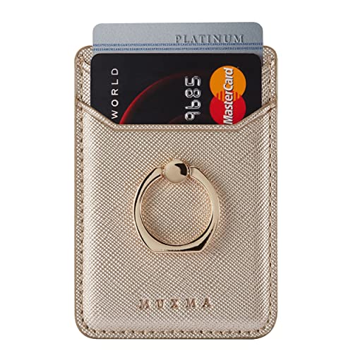 Lnobern Premium PU Leather Phone Card Holder Stick with RFID On Wallet with Ring Kickstand for iPhone and Android Smartphones (Gold)