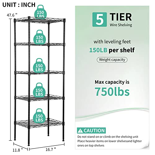 XXkseh 5 Tier Storage Shelves Wire Shelving Unit Adjustable Metal Shelf Heavy Duty Garage Storage Rack Wire Shelves Display Rack for Laundry Livingroom Kitchen, 16.7" L×11.8" W×47.6" H, Black
