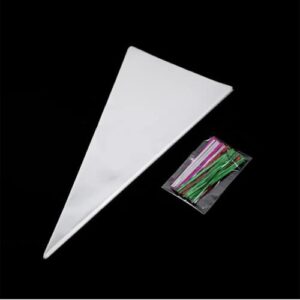 timiggby 100 pieces cone bag clear cone shaped treat bags cellophane triangle bags with 100 pcs twist ties colourful (5.1x9.8 inch)