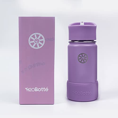 H2OBotté Kids Water Bottle for School - 14oz (Straw Lid), Reusable Leak-proof Insulated Stainless Steel Reusable water bottle for Girls, Boys (Lavender)