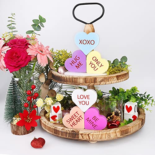 Wooden Heart Decor for Valentines Day, Double Printed Freestanding Wood Sign Valentines Decoration, Table Decorations for Living Room, Tiered Tray, Fireplaces Mantel, Wall Shelf - 6 PCS