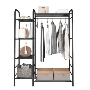 nyehiret metal free-standing garment rack，storage organizer for bedroom clothes garment rack with shelves，hanging rod and storage box, black