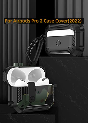 MiRUSI for Airpods Pro 2 (2022) Case Cover with Secure Lock Clip, Military Armor Style Full-Body Rugged Hard Shell with Carabiner,Shockproof Protective Case Cover Supports Wireless Charging(Green)