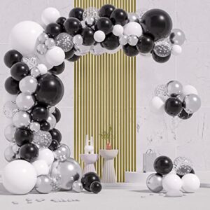 ajoyegg black white silver balloons garland kit 135pcs, 5+12+18inch black white metallic chrome silver and silver confetti latex balloons arch for wedding bridal shower birthday party decorations