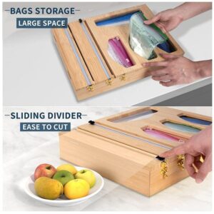 EAZE STORE Ziplock Bag Foil Plastic Wrap Dispenser Kitchen Drawer Organizer With Built-In Slider Cutter For Drawer Or Wall Mount Bamboo 6 In 1 Dispenser