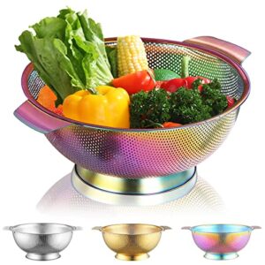 kyraton rainbow colander 5 quart, professional titanium colorful plating stainless steel strainer with heavy duty handles and self draining solid ring base, easy clean and dishwasher safe