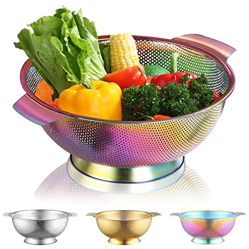 Kyraton Rainbow Colander 5 Quart, Professional Titanium Colorful Plating Stainless Steel Strainer with Heavy Duty Handles and Self Draining Solid Ring Base, Easy Clean and Dishwasher Safe