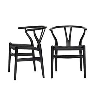 polynices wishbone chair, weave modern solid wood mid-century y shaped backrest dining chair (black set of 2)