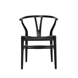 Polynices Wishbone Chair, Weave Modern Solid Wood Mid-Century Y Shaped Backrest Dining Chair (Black Set of 2)