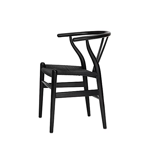 Polynices Wishbone Chair, Weave Modern Solid Wood Mid-Century Y Shaped Backrest Dining Chair (Black Set of 2)