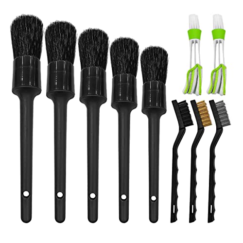 10PCS Car Detailing Kit Set, Auto Interior Cleaning Wire Brush Set, Boar Hair Duster Brushes for Cleaning Car Interior Exterior, Wheels, Dashboard, Air Conditioner, Engines, Leather (Black)