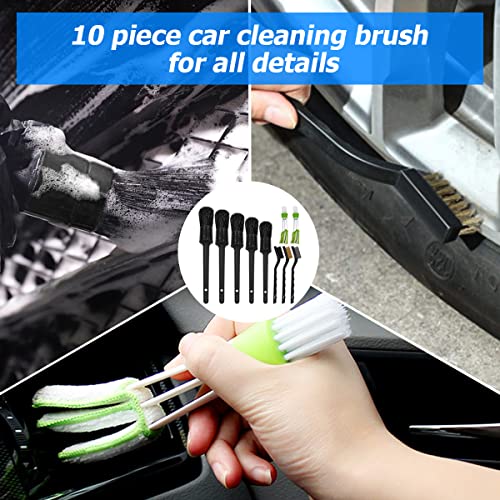 10PCS Car Detailing Kit Set, Auto Interior Cleaning Wire Brush Set, Boar Hair Duster Brushes for Cleaning Car Interior Exterior, Wheels, Dashboard, Air Conditioner, Engines, Leather (Black)