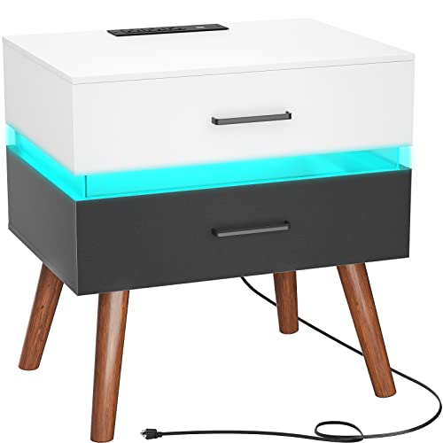 armocity Nightstands with Charging Station and LED Light, Bedside Table with Drawers, Modern Nightstand with Charging Port, Sturdy Night Stands with Light for Bedrooms, Guest Room, White and Black