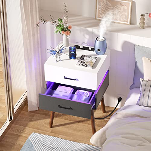 armocity Nightstands with Charging Station and LED Light, Bedside Table with Drawers, Modern Nightstand with Charging Port, Sturdy Night Stands with Light for Bedrooms, Guest Room, White and Black