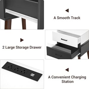 armocity Nightstands with Charging Station and LED Light, Bedside Table with Drawers, Modern Nightstand with Charging Port, Sturdy Night Stands with Light for Bedrooms, Guest Room, White and Black