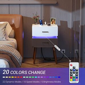 armocity Nightstands with Charging Station and LED Light, Bedside Table with Drawers, Modern Nightstand with Charging Port, Sturdy Night Stands with Light for Bedrooms, Guest Room, White and Black