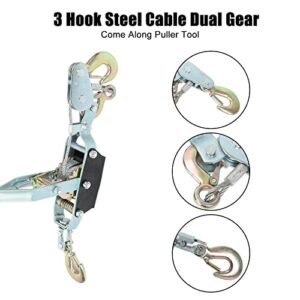 5 Ton Heavy Duty Steel Cable Dual Gear Power Ratchet with 3 Hooks Automotive Hoist Cable Puller Come Along Winch Hoist Come Along Cable Lever