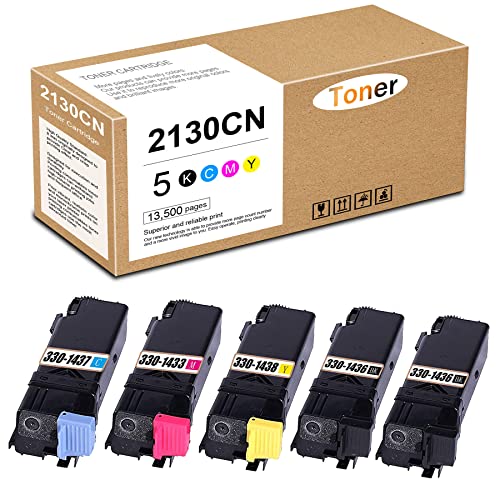 2130CN Compatible 330-1436 330-1437 330-1433 330-1438 Black Cyan Magenta Yellow Toner Cartridge Replacement for Dell 2130cn 2135cn Printer Toner.(5Pack)