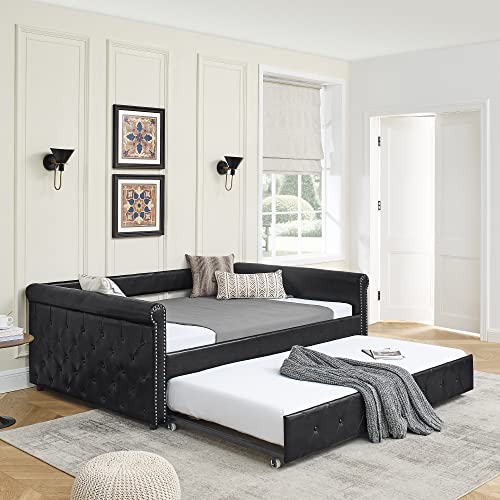 JULYFOX Upholstered Dabyed Full Size with Trundle, Button Tufted Full Size Platform Bed with Twin Trundle No Box Spring Needed Nail Head Trims Space Saving Bed(Black,Full)