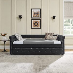 JULYFOX Upholstered Dabyed Full Size with Trundle, Button Tufted Full Size Platform Bed with Twin Trundle No Box Spring Needed Nail Head Trims Space Saving Bed(Black,Full)