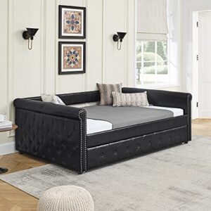 JULYFOX Upholstered Dabyed Full Size with Trundle, Button Tufted Full Size Platform Bed with Twin Trundle No Box Spring Needed Nail Head Trims Space Saving Bed(Black,Full)