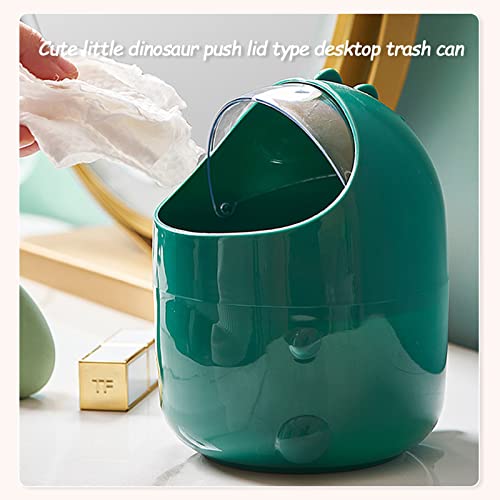 1.28 Gal Mini Desktop Trash Can with Lid, Cute Little Dinosaur Countertop Garbage Bin, Plastic Tiny Tabletop Wastebasket for Office/Kitchen/Coffee Table Room Decoration - Green