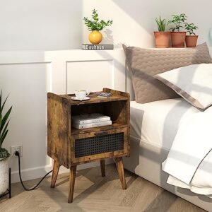 YAUKOMEL Nightstand with Charging Station, End Table with Drawers, Rattan Furniture, Bed Side Table, End Table, Rattan Nightstand with Boho Desk for Living Room, Rustic CTG58BE