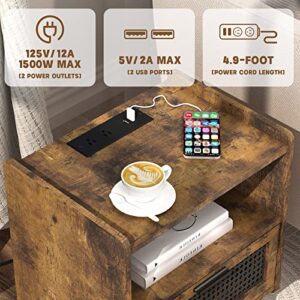 YAUKOMEL Nightstand with Charging Station, End Table with Drawers, Rattan Furniture, Bed Side Table, End Table, Rattan Nightstand with Boho Desk for Living Room, Rustic CTG58BE