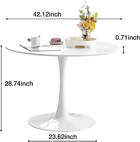 Rabsyung 42" Round White Tulip Table Mid-Century Dining Table with Round MDF Table Top, Pedestal Dining Table, Leisure Coffee Table