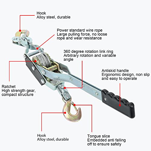 buripes 4 Ton (8,800 Lbs) Load Capacity 2 Hook Steel Cable Puller with Dual Gears & Anti Skid Handle, Heavy Duty Cable Winch Puller | Come Along Winch | Chain Puller | 4 Ton Power Puller