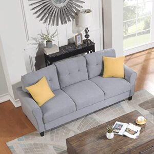 kevinplus sofa couch for living room, modern linen upholstered sofa couch furniture for home or office (3-seat, grey)