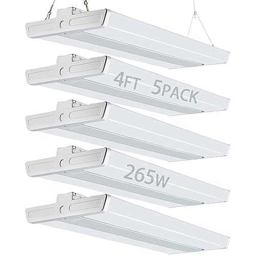 Lightdot 5 Pack LED High Bay Shop Light, 4FT 265W 371000LM 140LM/W [Eqv. 1060W MH/HPS] 5000K Daylight Linear Hanging Light for Workshop Warehouse Garage, Energy Saving Upto 10000KW*5/5Yrs(5Hrs/Day)