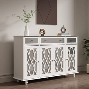 didugo sideboard with glass doors, mirrored storage cabinet with 3 drawers, credenza buffet with wooden legs, for living room hallway white (55.1”w x 15.7”d x 35.4”h)