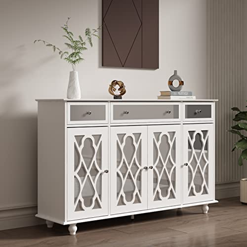 DiDuGo Sideboard with Glass Doors, Mirrored Storage Cabinet with 3 Drawers, Credenza Buffet with Wooden Legs, for Living Room Hallway White (55.1”W x 15.7”D x 35.4”H)