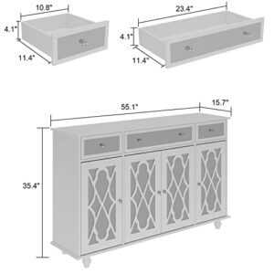 DiDuGo Sideboard with Glass Doors, Mirrored Storage Cabinet with 3 Drawers, Credenza Buffet with Wooden Legs, for Living Room Hallway White (55.1”W x 15.7”D x 35.4”H)