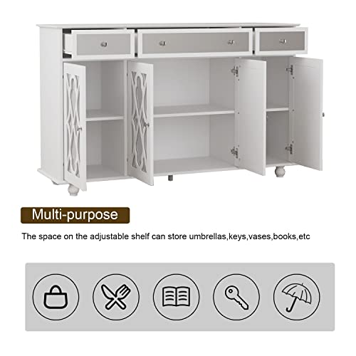 DiDuGo Sideboard with Glass Doors, Mirrored Storage Cabinet with 3 Drawers, Credenza Buffet with Wooden Legs, for Living Room Hallway White (55.1”W x 15.7”D x 35.4”H)