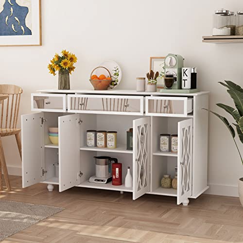DiDuGo Sideboard with Glass Doors, Mirrored Storage Cabinet with 3 Drawers, Credenza Buffet with Wooden Legs, for Living Room Hallway White (55.1”W x 15.7”D x 35.4”H)
