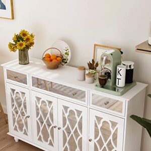 DiDuGo Sideboard with Glass Doors, Mirrored Storage Cabinet with 3 Drawers, Credenza Buffet with Wooden Legs, for Living Room Hallway White (55.1”W x 15.7”D x 35.4”H)