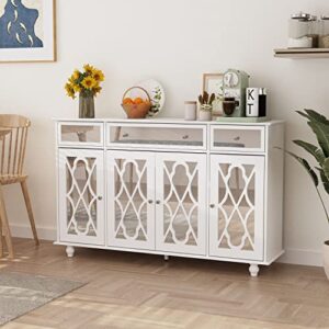 DiDuGo Sideboard with Glass Doors, Mirrored Storage Cabinet with 3 Drawers, Credenza Buffet with Wooden Legs, for Living Room Hallway White (55.1”W x 15.7”D x 35.4”H)