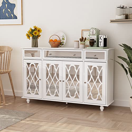 DiDuGo Sideboard with Glass Doors, Mirrored Storage Cabinet with 3 Drawers, Credenza Buffet with Wooden Legs, for Living Room Hallway White (55.1”W x 15.7”D x 35.4”H)