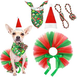 5 Pieces Christmas Dog Costume Set, Include Christmas Adjustable Pet Hat, Red and Green Tutu Skirt, Dog Bandana, Christmas Rope Dog Toy for Small Medium Dog Puppy Cat Pet Xmas Party Accessories