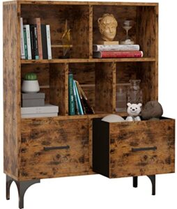 ironck bookshelf, 3-tier cube bookcase with 2 drawer with metal legs, 9.4" d x 32" w x 43" h office bookshelves for living room, office, bedroom easy assembly