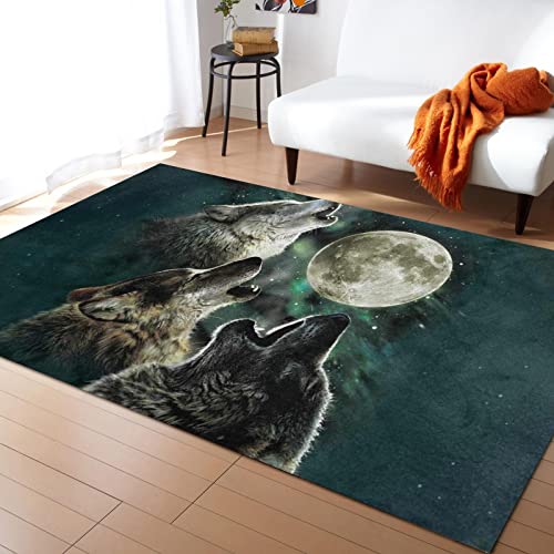 Animal Area Rug 3x5ft/36x60in/90x150cm,Wolf Howling to The Full Moon Polyester Yoga Mat for Living Dining Dorm Room Bedroom Home Carpet Decor