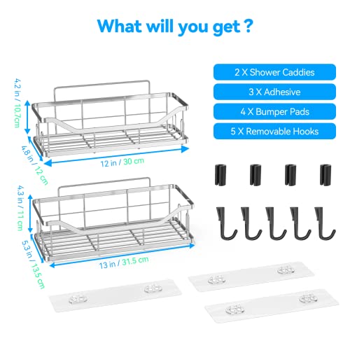 Rziawssa Shower Caddy, Shower Organizer(2Pack), Adhesive Shower Shelves Basket With 4+5 Hooks, No Drilling, Large Capacity, Rustproof Stainless Steel Wall-Mounted Bathroom Shower Shelf, Silver