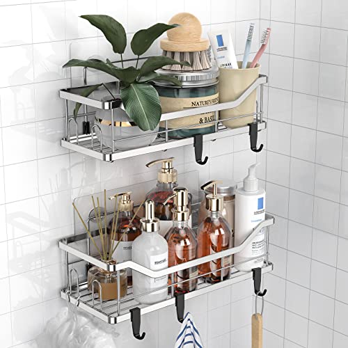 Rziawssa Shower Caddy, Shower Organizer(2Pack), Adhesive Shower Shelves Basket With 4+5 Hooks, No Drilling, Large Capacity, Rustproof Stainless Steel Wall-Mounted Bathroom Shower Shelf, Silver